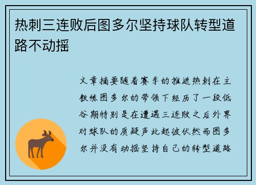 热刺三连败后图多尔坚持球队转型道路不动摇